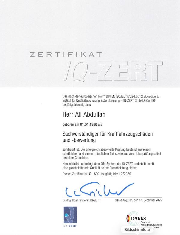IQ-ZERT Zertifikat von Ali Abdullah als Sachverständiger für Kraftfahrzeugschäden und -bewertung